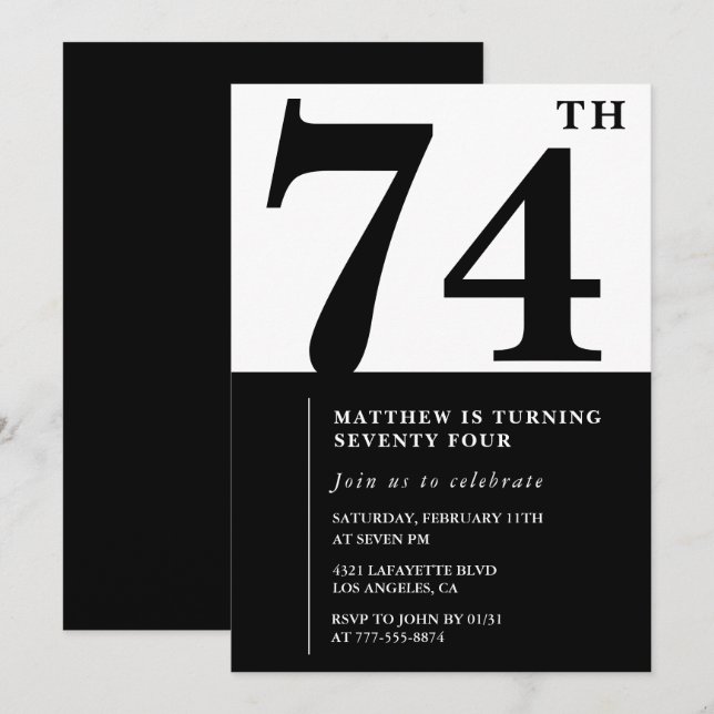Convite de aniversário de 74 anos preto e branco C (Frente/Verso)