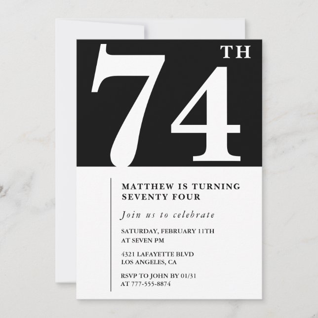 Convite de aniversário de 74 anos preto e branco e (Frente)
