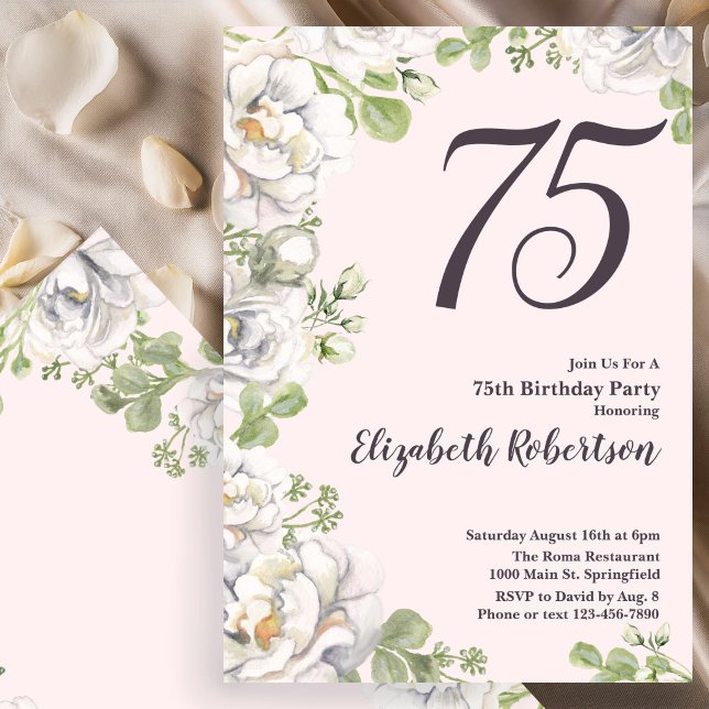 Convite de Aniversário de 75 anos Blush Pink Flora (Criador carregado)