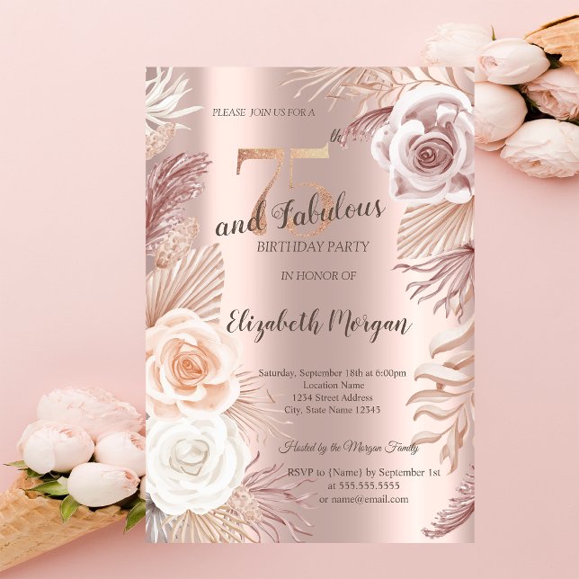 Convite de Aniversário de 75 Anos Boho Flowers Dou (Criador carregado)