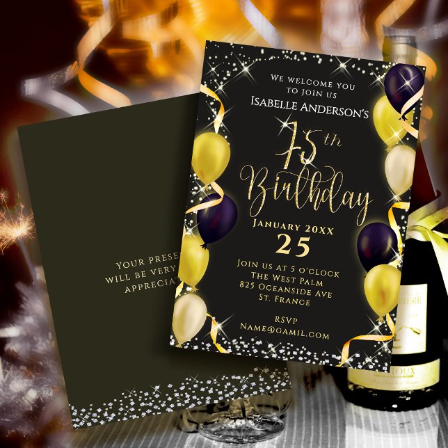 Convite de Aniversário de 75 anos com Balões Reluz (Glittering Balloons 75th Birthday Invitation Black)