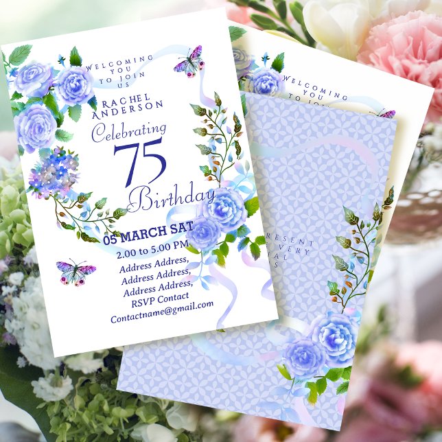 Convite de Aniversário de 75 anos com Fita Rosa Az (Blue Rose Ribbon 75th Birthday Invitation)