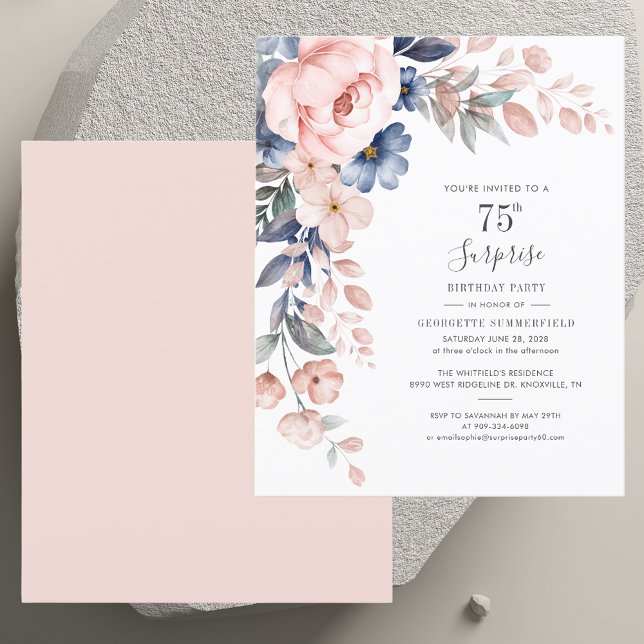Convite de Aniversário de 75 Anos com Floral Rosa  (Botanical Pink Floral 75th Birthday Invitation)