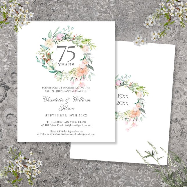 Convite de Aniversário de 75 anos com Rosas para O (Budget Roses Garland 75th Anniversary Invitation)