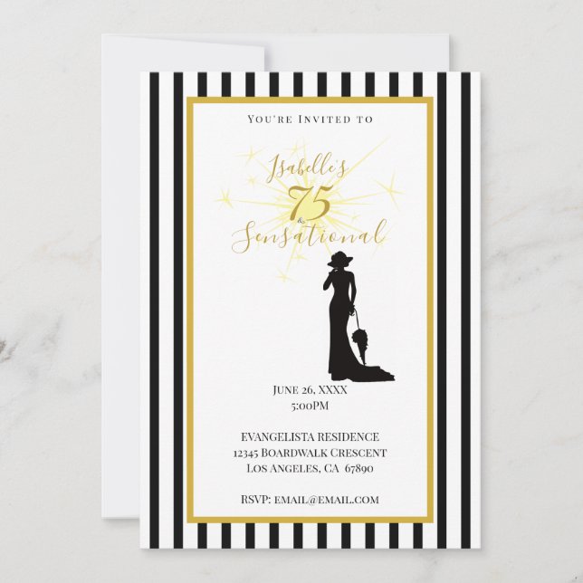 Convite de Aniversário de 75 anos Preto e Dourado (Frente)