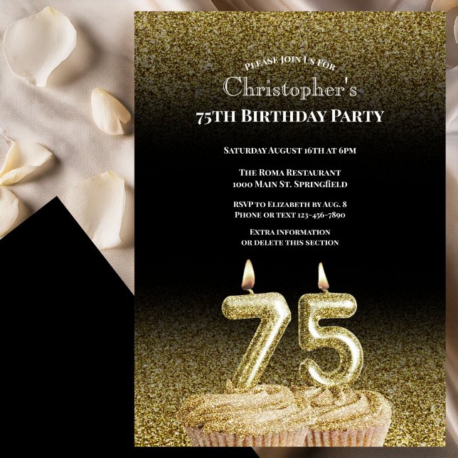 Convite de Aniversário de 75 anos Preto e Dourado  (Criador carregado)
