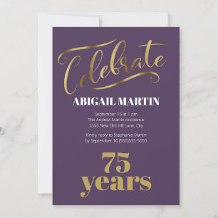 Convite de Aniversário de 75 Anos Roxo Dourado Bra
