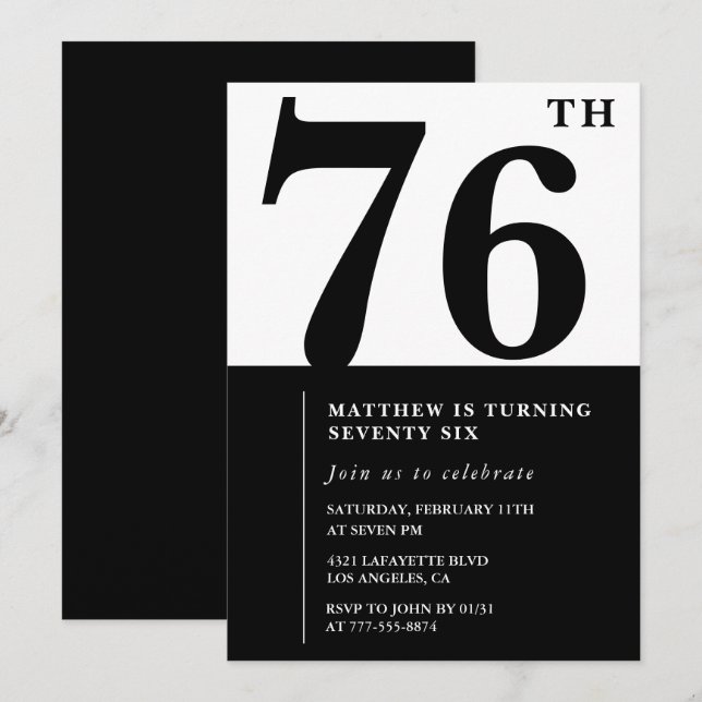 Convite de aniversário de 76 anos Chic Preto e Bra (Frente/Verso)