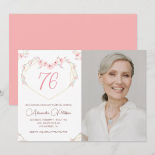 Convite de aniversário de 76 anos com foto floral 