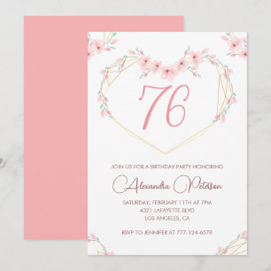 Convite de aniversário de 76 anos Pink Watercolor