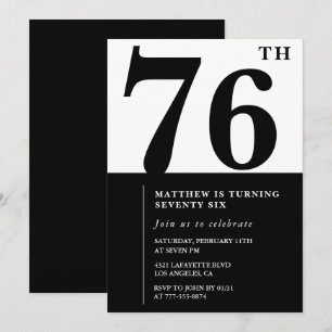 Convite de aniversário de 76 anos preto e branco C