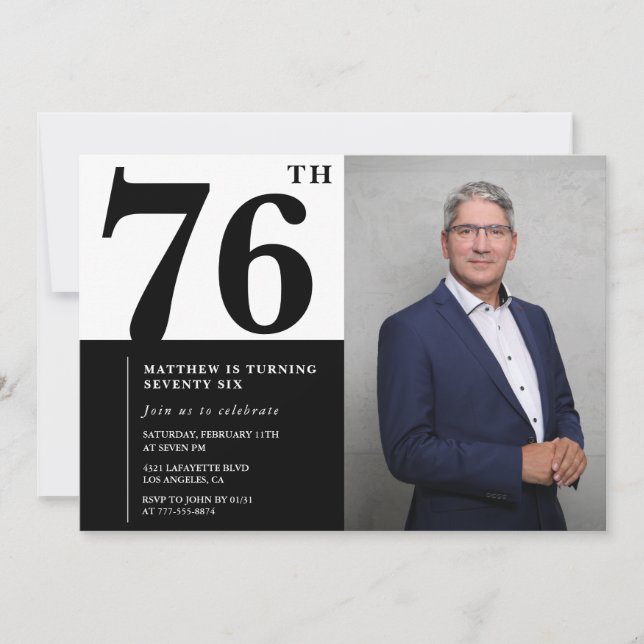 Convite de Aniversário de 76 anos Preto e Branco c (Frente)