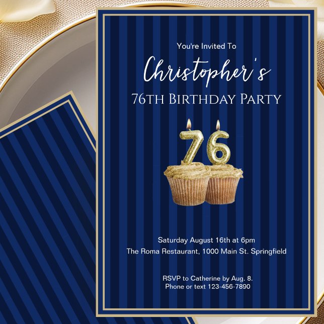 Convite de Aniversário de 76 Anos Único Azul Doura (Criador carregado)