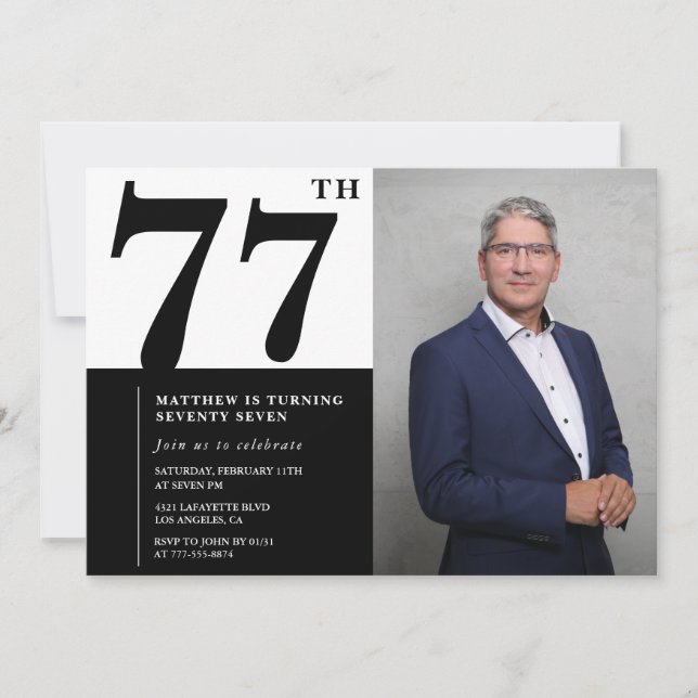 Convite de Aniversário de 77 anos Preto e Branco c (Frente)