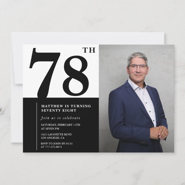 Convite de Aniversário de 78 anos Preto e Branco c (Frente)