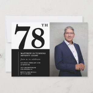 Convite de Aniversário de 78 Anos Preto e Branco c