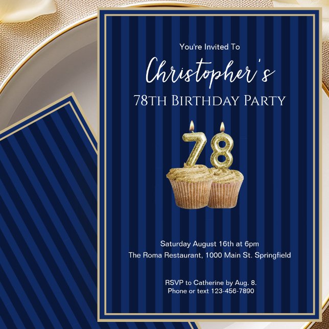 Convite de Aniversário de 78 Anos Único Azul Doura (Criador carregado)