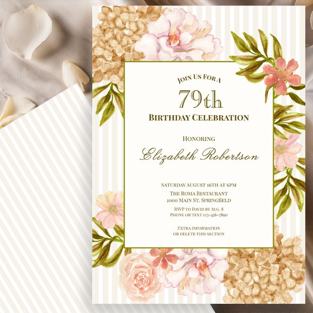 Convite de Aniversário de 79 Anos Elegantes Flores (Criador carregado)