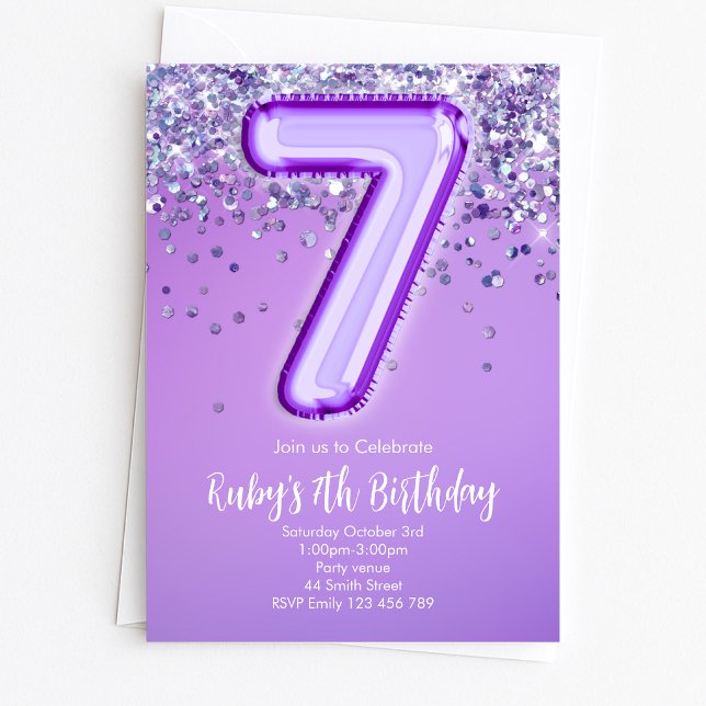Convite de Aniversário de 7 anos com Brilho Roxo (Criador carregado)