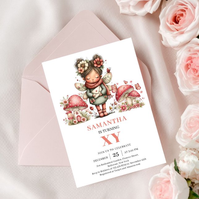 Convite de Aniversário de 7 anos da Fada Fofa Cogu (Cute Fairy 7th Birthday Pink Mushroom Invitation)