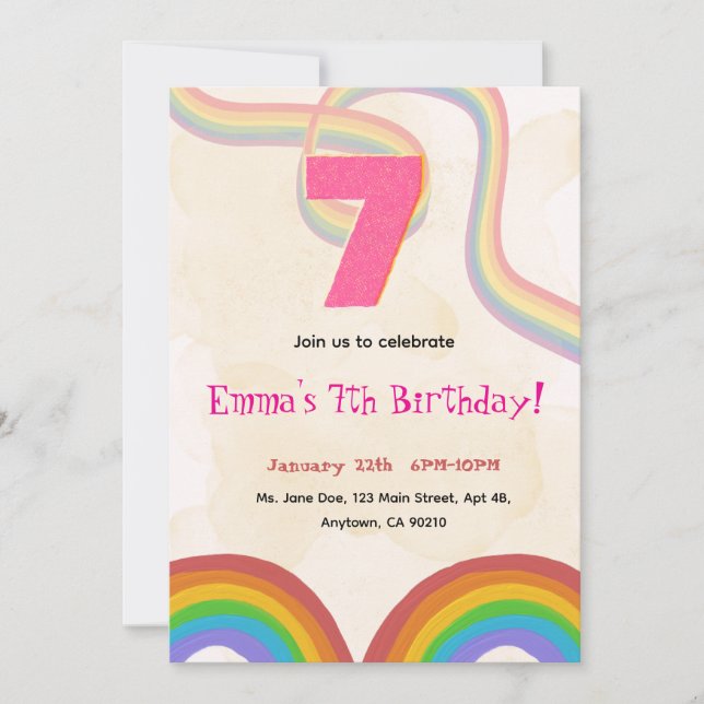 Convite de Aniversário de 7 anos da Menina Arco-Ír (Frente)