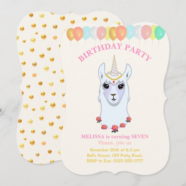 Convite de Aniversário de 7 anos do Llama-corn (Frente/Verso)