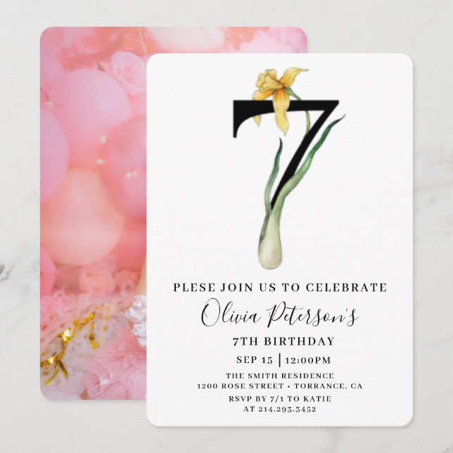 Convite de Aniversário de 7 anos Floral Com Foto P (Frente/Verso)