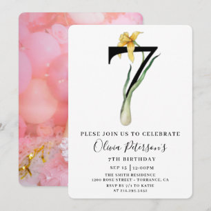 Convite de Aniversário de 7 anos Floral Com Foto P
