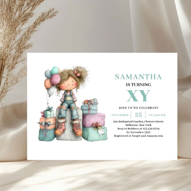 Convite de aniversário de 7 anos para menina fofa  (Cute Girl 7th Birthday Purple Green Whimsy invitation)