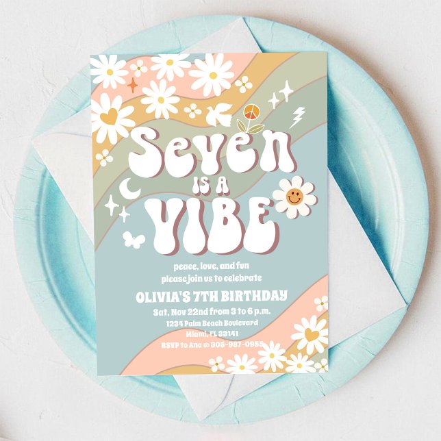 Convite de Aniversário de 7 anos Retro Arco-íris (Criador carregado)