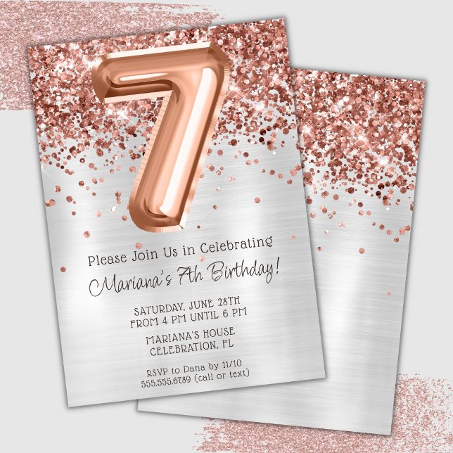 Convite de Aniversário de 7 anos Rose Gold Silver (Criador carregado)