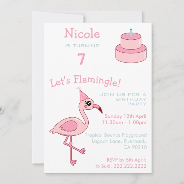 Convite de aniversário de 7 de Flamingo rosa (Frente)