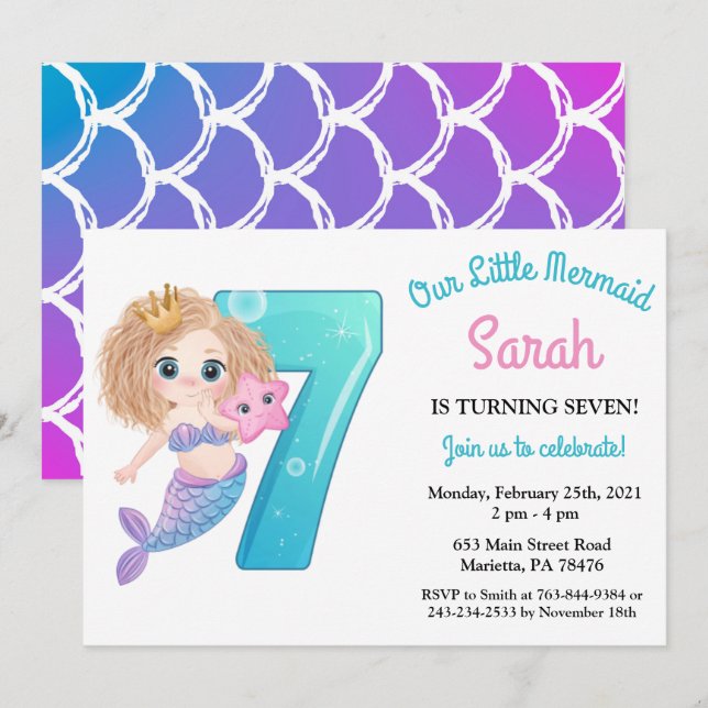 Convite de aniversário de 7 de Mermaid de Aquarela (Frente/Verso)