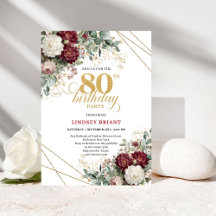 Convite de Aniversário de 80 anos Boho Burgundy Fl