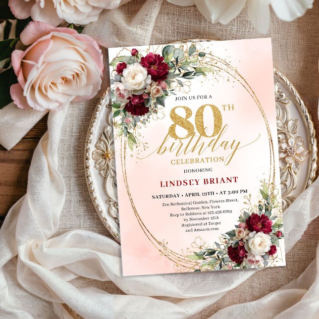 Convite de Aniversário de 80 Anos Boho Floral Burg (Timeless Burgundy Boho Floral 80th Birthday Invite)