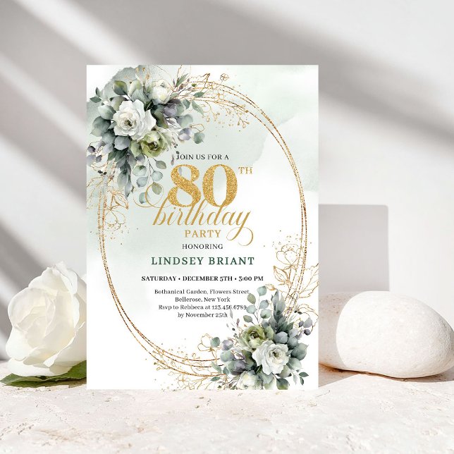 Convite de Aniversário de 80 Anos Boho Rosas Branc (Rustic White Roses Boho 80th Birthday Invite)