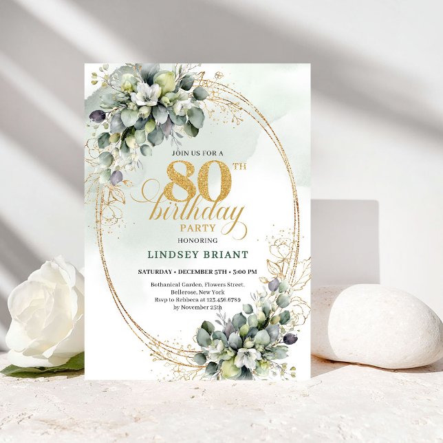 Convite de Aniversário de 80 Anos Botânico de Euca (Elegant Eucalyptus Botanical 80th Birthday Invite)