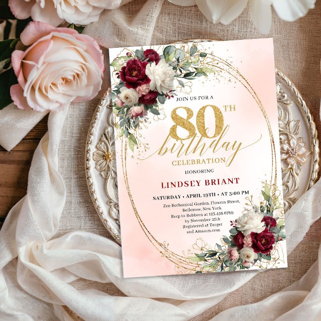 Convite de Aniversário de 80 Anos Burgundy Rustic  (Burgundy Rustic Boho Floral 80th Birthday Invitation)