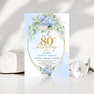 Convite de Aniversário de 80 Anos Chic Blue Floral