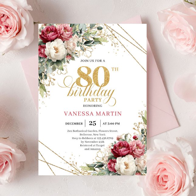 Convite de Aniversário de 80 Anos Chic Blush Branc (Chic Blush White Greenery 80th Birthday Invite)