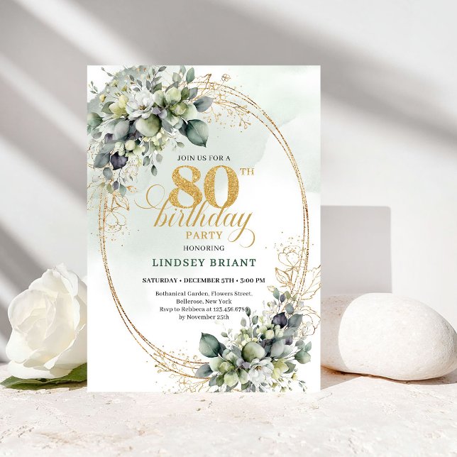 Convite de Aniversário de 80 Anos Chic Botânico Ro (Chic Botanical White Roses 80th Birthday Invite)
