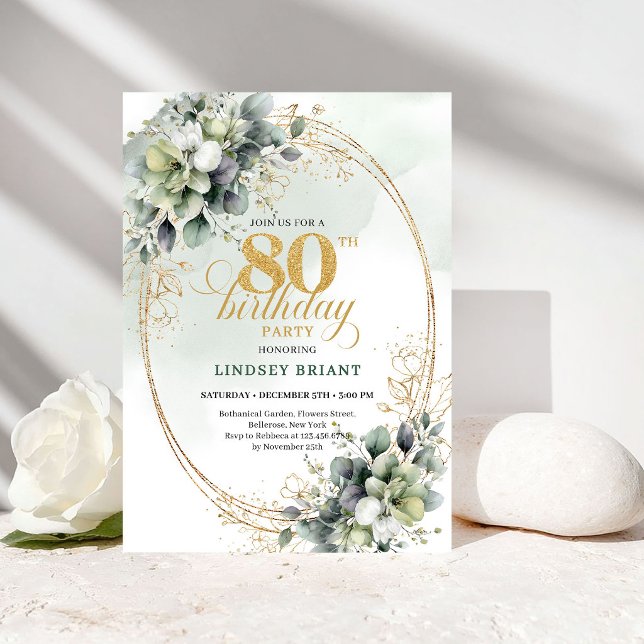 Convite de Aniversário de 80 anos Chic Greenery e  (Chic Greenery and Gold 80th Birthday Invitation)