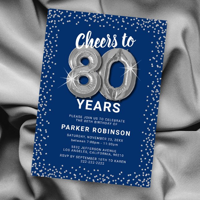 Convite de Aniversário de 80 Anos com Brilho Azul (Criador carregado)