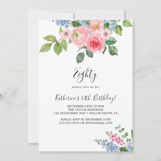 Convite de Aniversário de 80 Anos com Desenho Flor (Frente)