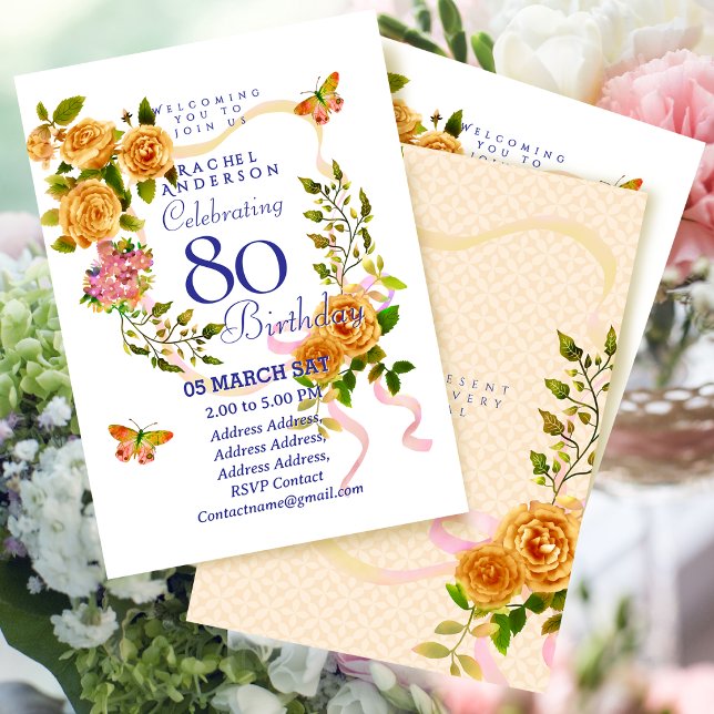 Convite de Aniversário de 80 anos com Fita de Rosa (Gold Rose Ribbon 80th Birthday Invitation)