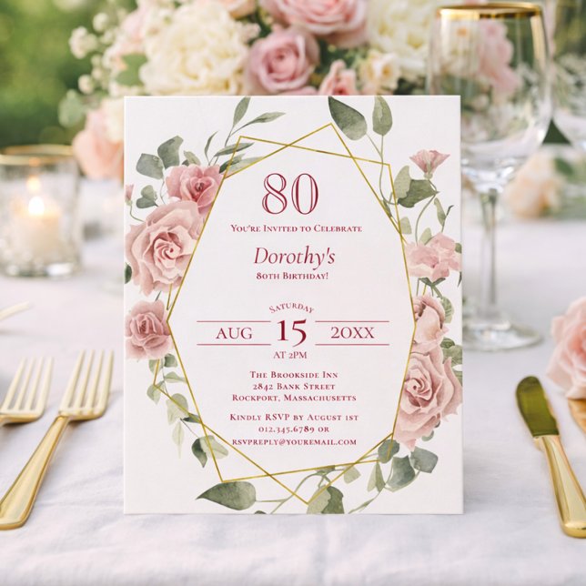Convite de Aniversário de 80 Anos com Floral Rosa  (Criador carregado)