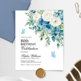 Convite de aniversário de 80 anos com flores azuis