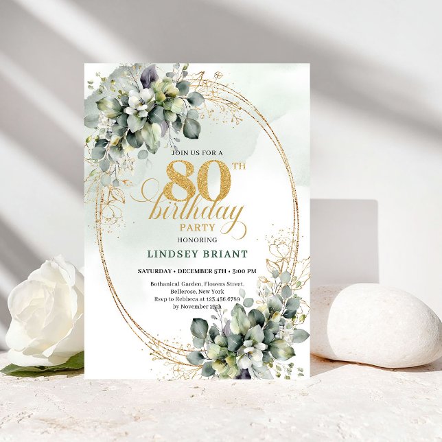 Convite de Aniversário de 80 anos com Folhagem Mod (Modern Eucalyptus Greenery 80th Birthday Invite)