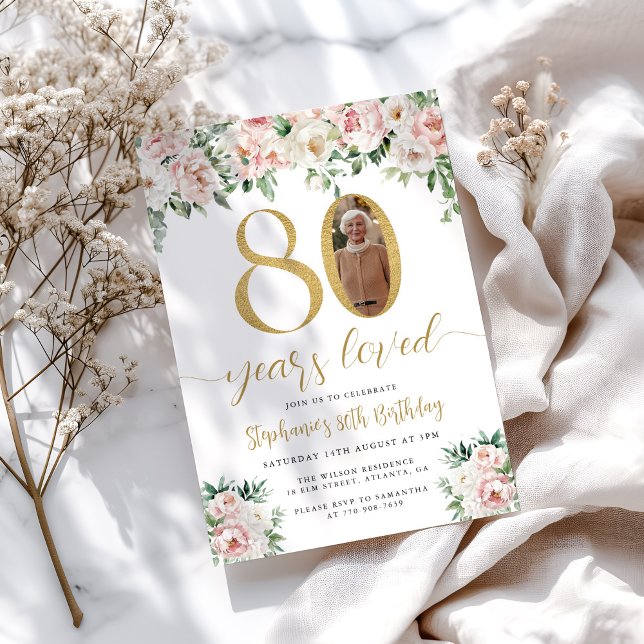 Convite de Aniversário de 80 anos com Foto Floral  (Criador carregado)