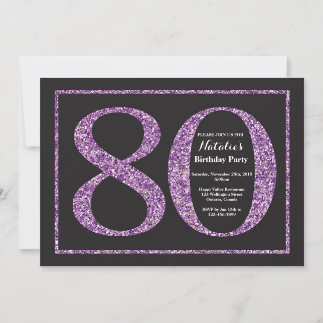 Convite de Aniversário de 80 anos com Glitter Roxo (Frente)